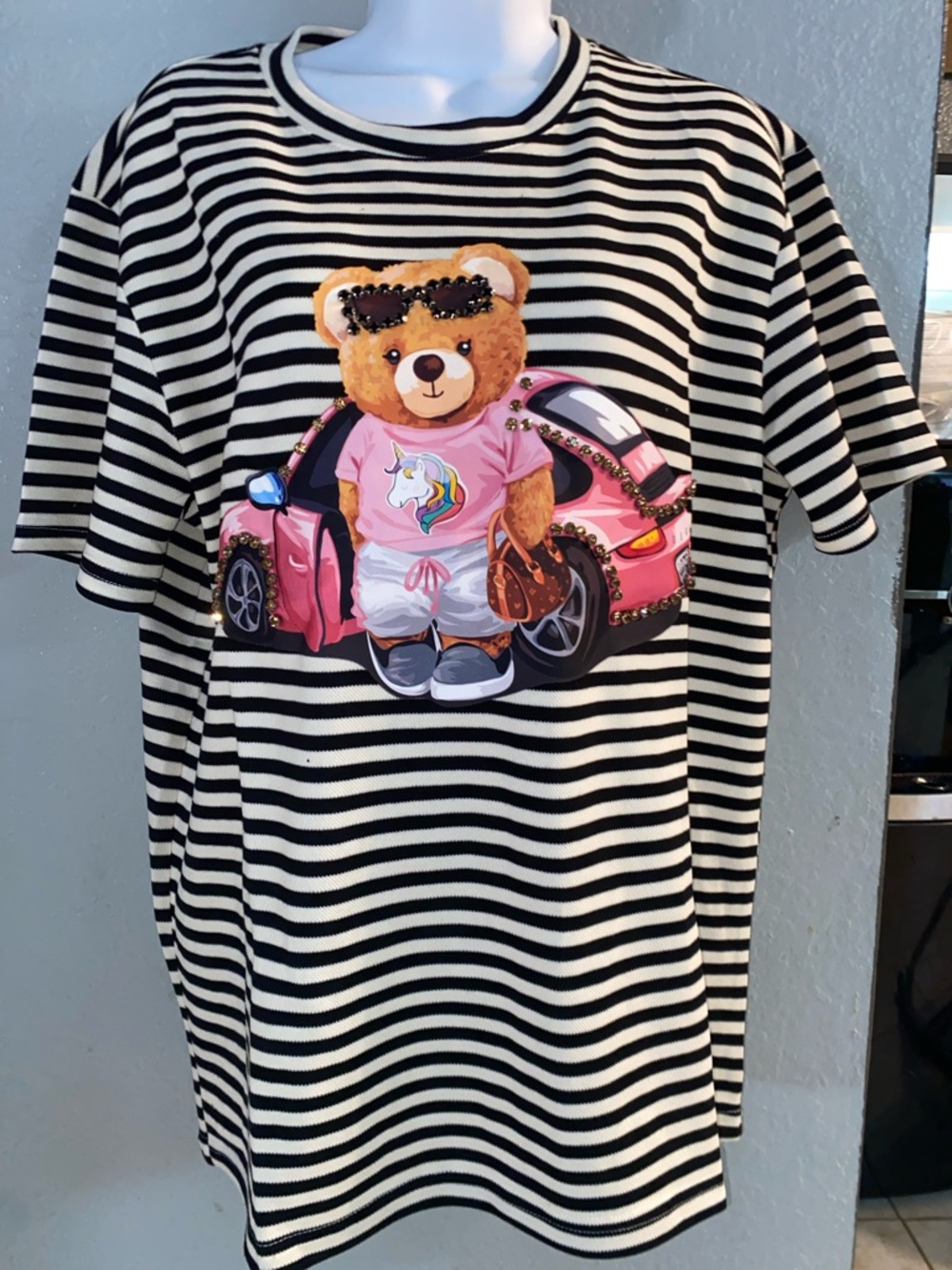 Black & Cream Striped WomensTee with Pink Teddy Car Graphic Bedazzled
